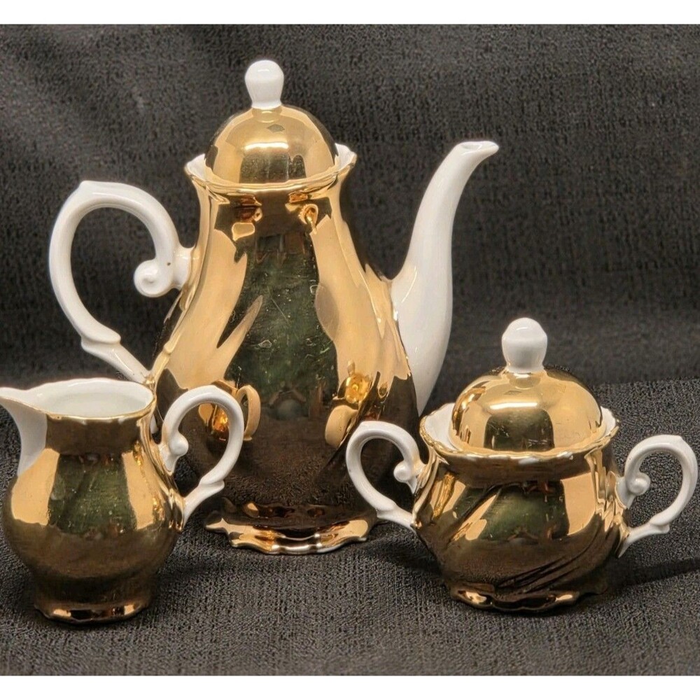 Vintage Mayer Wiesau Bavaria Gold Porcelain Demi Tasse Coffee Set 5pc Mokka